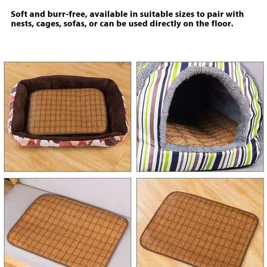 Brown rattan fibre dog cooling mat showing diamond weave pattern and natural texture