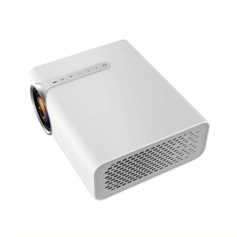 Black and white versions of the YG530 mini wireless mobile phone projector on a table.