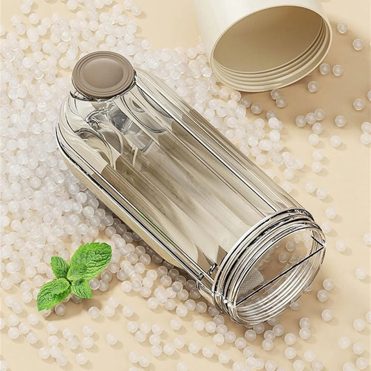 Beige or green foldable dog water bottle with food container, measuring 21.5cm height