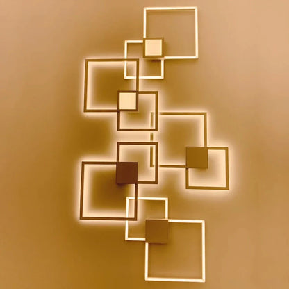 Square 35.3cm geometric LED wall light in white, iron frame with acrylic diffuser, 20W-24W output