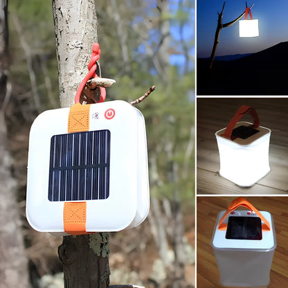 White inflatable solar LED lantern showing collapsed and inflated states with waterproof IP55 rating details