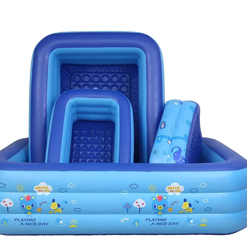 Baby inflatable swimming pool with two-ring bubble bottom design measuring 120cm length x 80cm width x 35cm height, accommodating 1-2 children for safe water play with single drain system for easy maintenance