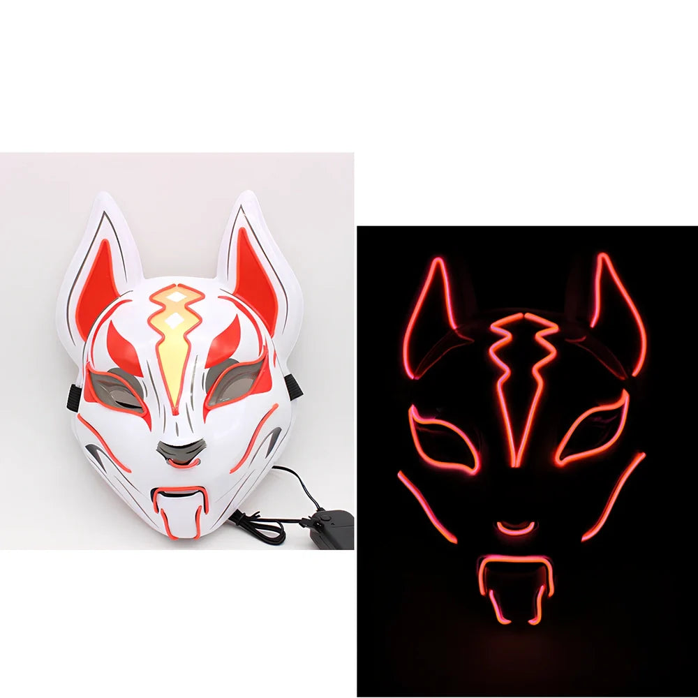 Glowing blue cat face mask with LED illumination measuring 28cm by 18cm for cosplay and Halloween events