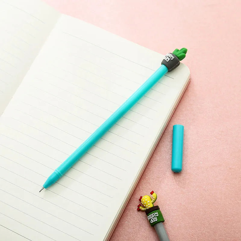 Potted cactus gel pen with silicone pot base, 0.5mm refill, approximately 18.5cm long, shown in Blue or Green.