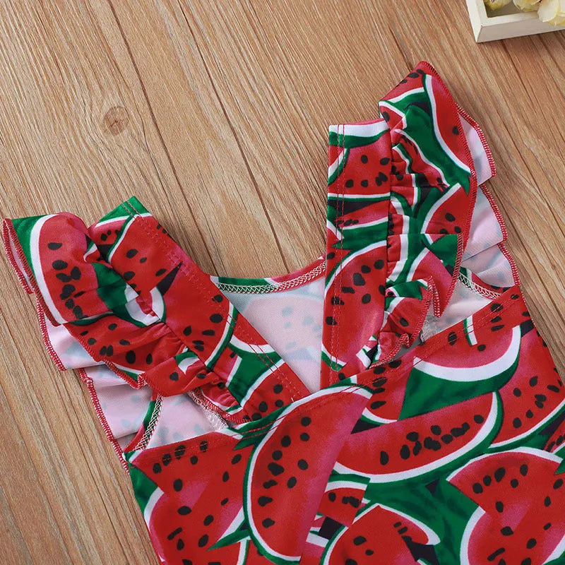 Printed sleeve one-piece girls swimsuit in Red or Yellow, Polyester, sizes 80-120cm