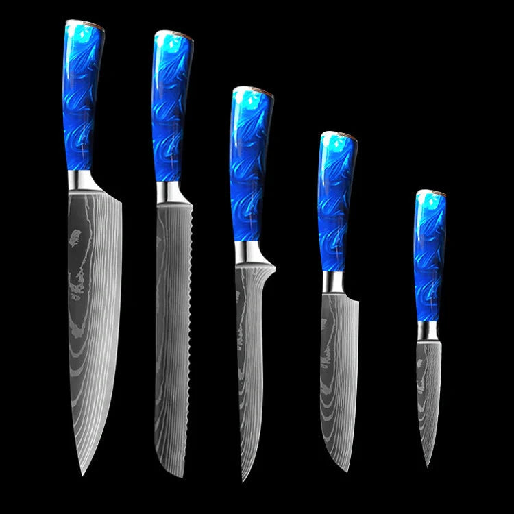 8-inch Chef Knife with vibrant blue resin handle, perfect for precision cutting in the kitchen.