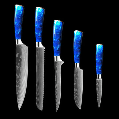 8-inch Chef Knife with vibrant blue resin handle, perfect for precision cutting in the kitchen.