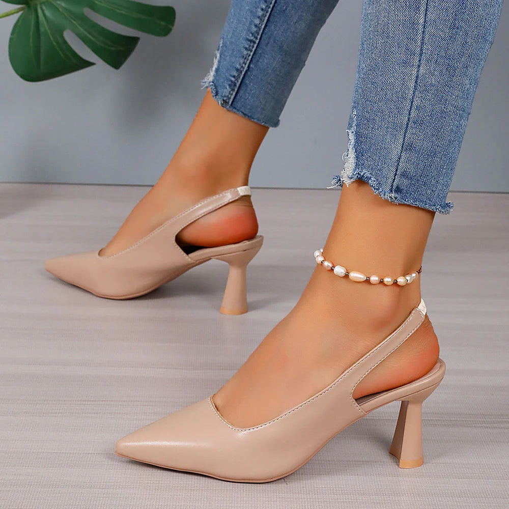 Baotou slingback sandals with pointed toes and elastic band closure in black, creamy-white, or apricot