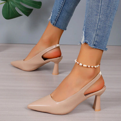 Baotou slingback sandals with pointed toes and elastic band closure in black, creamy-white, or apricot