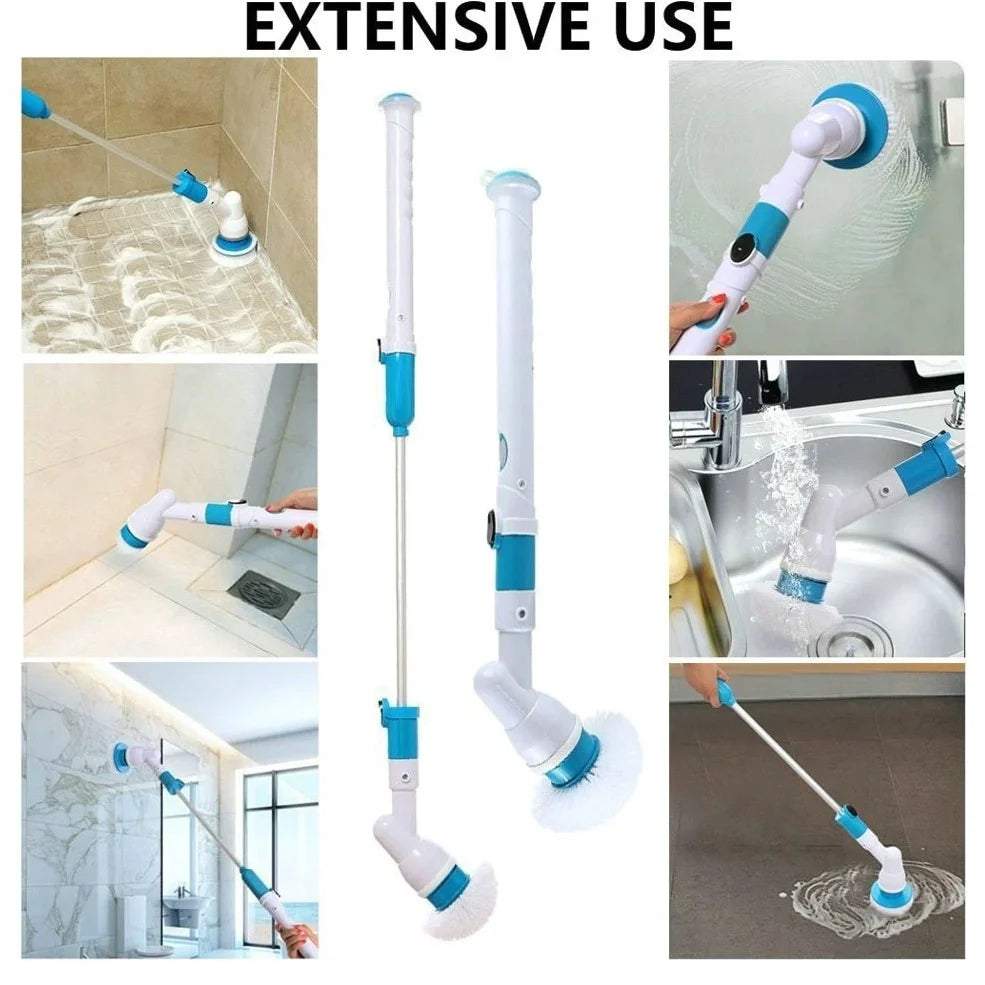 Blue rechargeable electric cleaning brush with retractable extension rod and three interchangeable brush heads