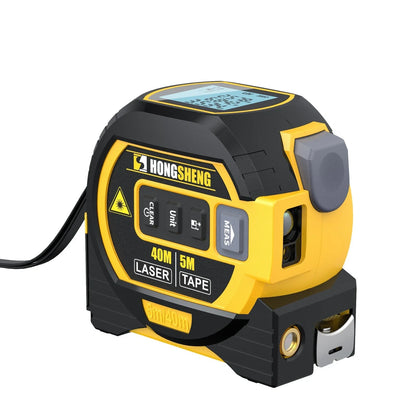 Blue 3-in-1 laser tape measure showing 5m tape extended and 60m infrared beam for construction ranging