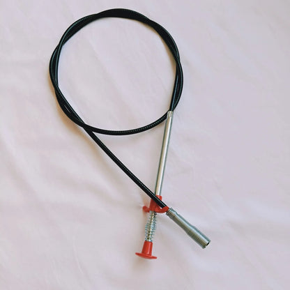 Stainless steel sewer dredge spring drain cleaning tool with a black PP handle.