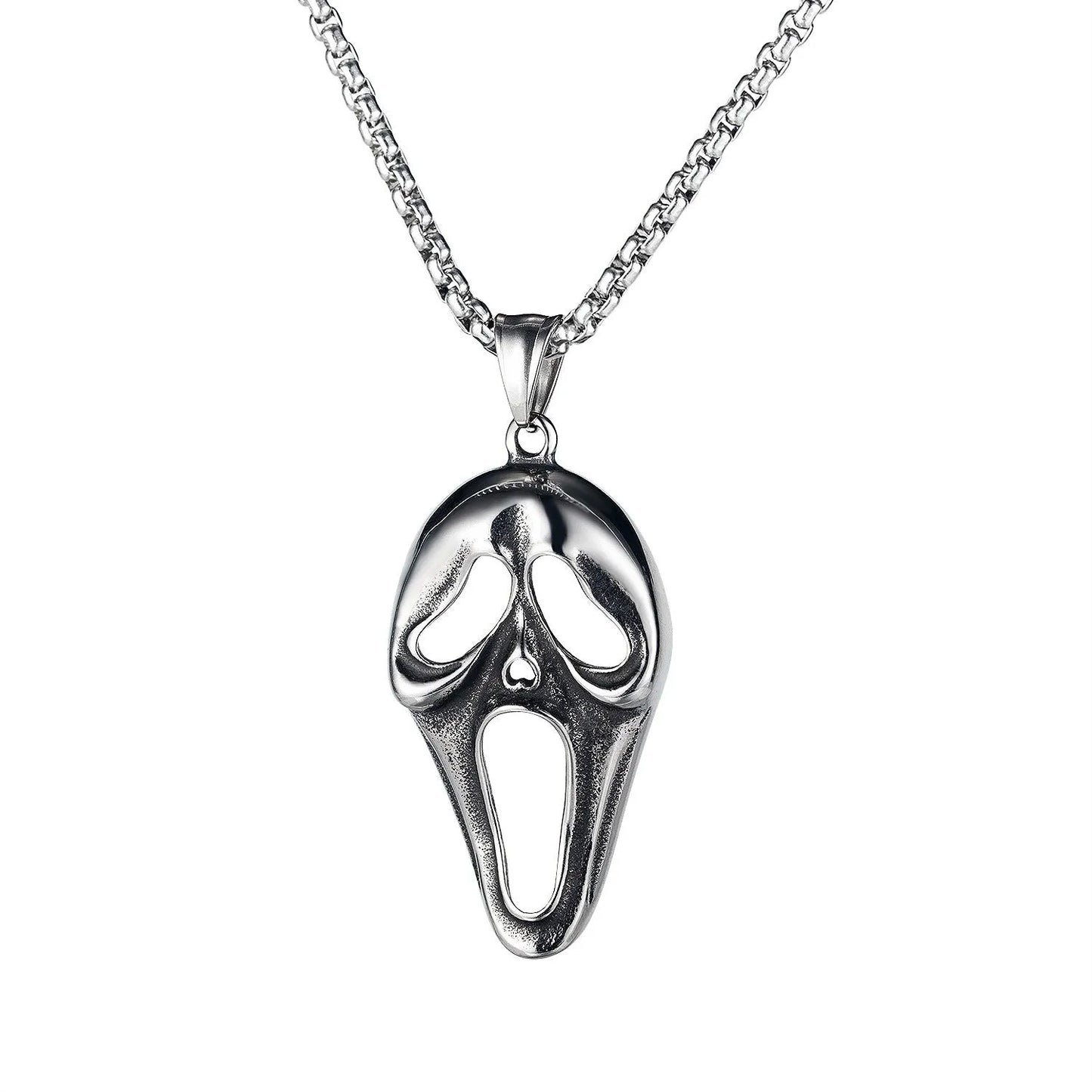 Men's silver stainless steel necklace with a detailed alloy skull pendant on a chain.
