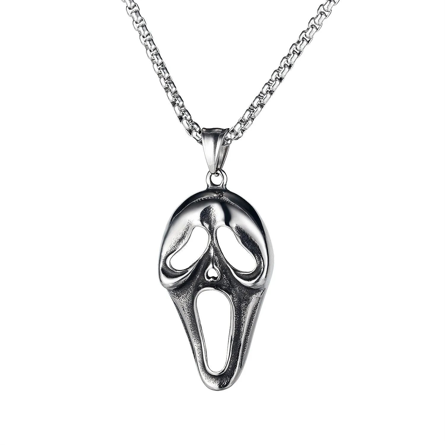 Men's silver stainless steel necklace with a detailed alloy skull pendant on a chain.