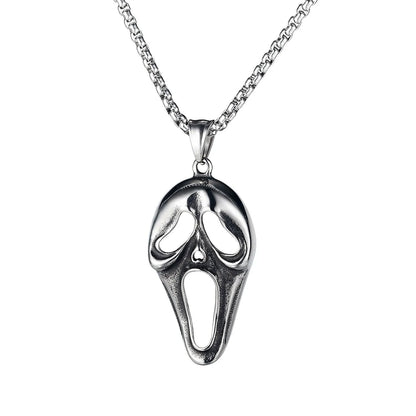 Men's silver stainless steel necklace with a detailed alloy skull pendant on a chain.