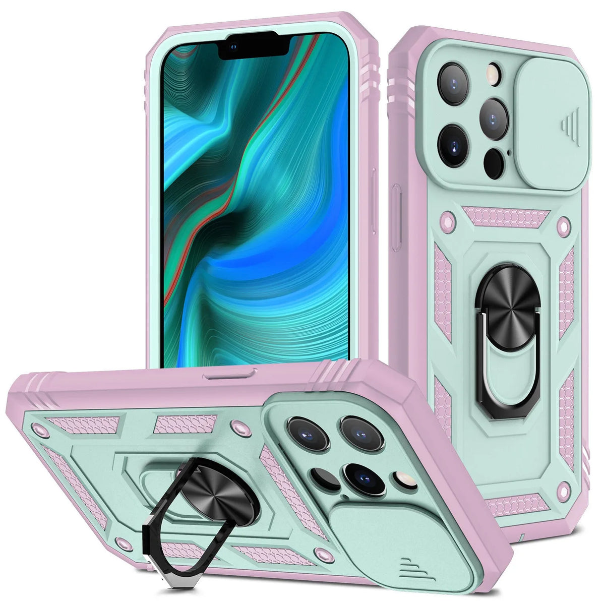 Magnetic iPhone case with sliding window bracket in sapphire blue colour showing adjustable viewing angle