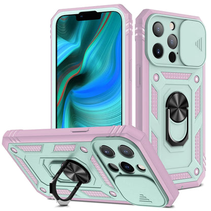 Magnetic iPhone case with sliding window bracket in sapphire blue colour showing adjustable viewing angle