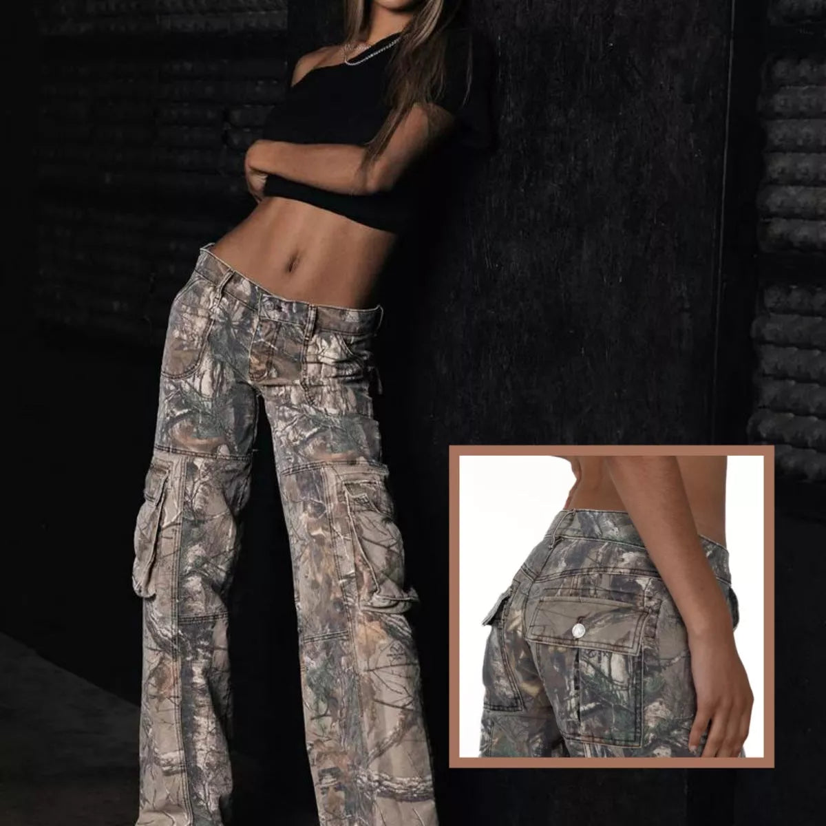 Women's Y2K Hip-Hop Camouflage Cargo Pants with multiple pockets in yellow and gray
