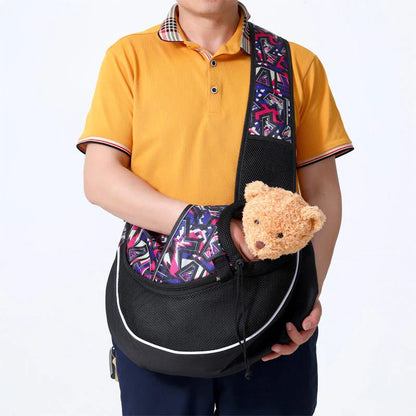 A stylish and secure crossbody bag designed to carry pets comfortably on the go, featuring adjustable drawstring closure and bottom zipper for easy access.