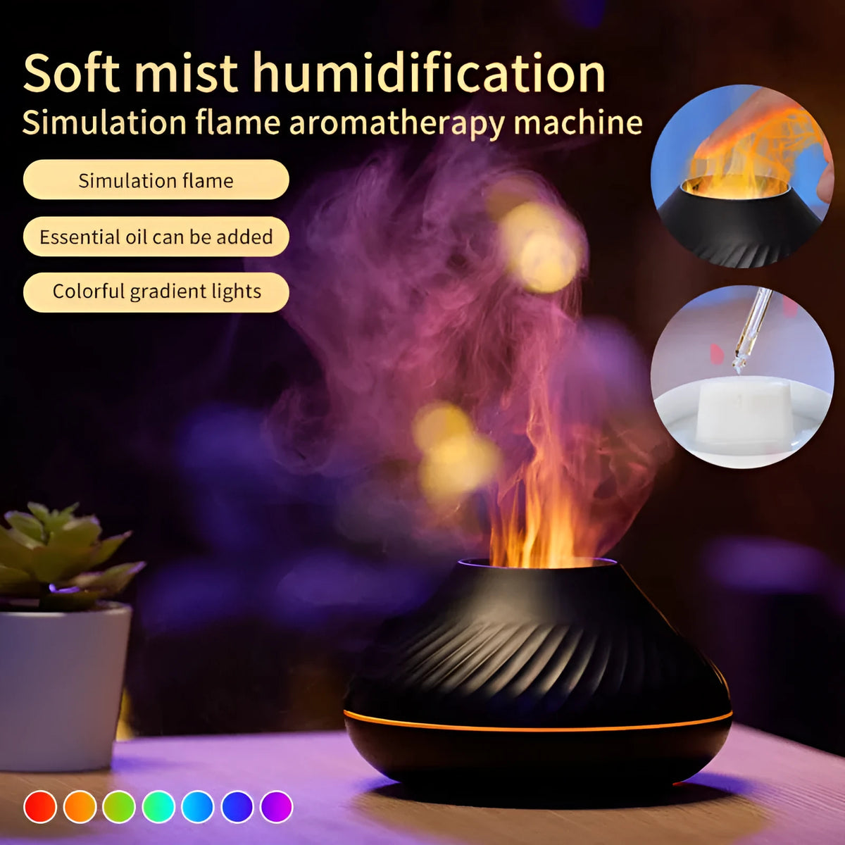 Beige volcanic flame aroma diffuser with LED lighting and mist output on wooden surface