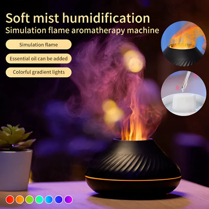 Beige volcanic flame aroma diffuser with LED lighting and mist output on wooden surface