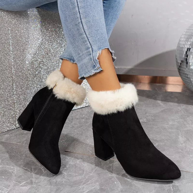 Women's plaid print plush ankle boots with square heel and fur insole