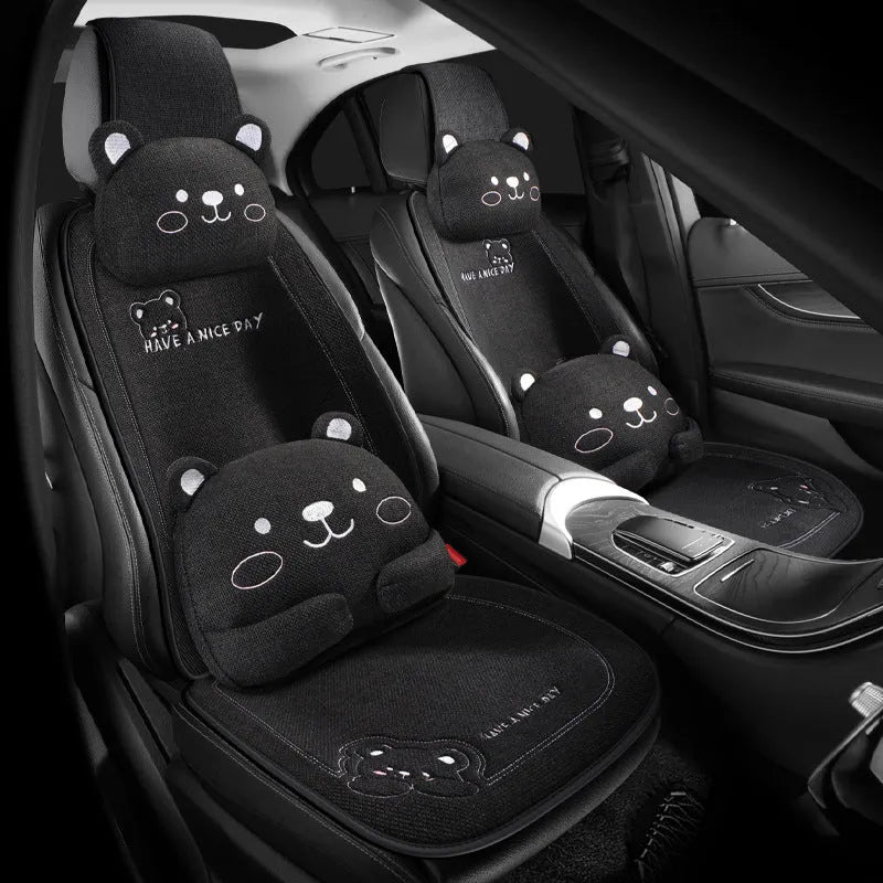Car seat cushion set with lumbar support and headrest in cartoon linen design with wool cotton filler