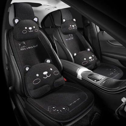 Car seat cushion set with lumbar support and headrest in cartoon linen design with wool cotton filler