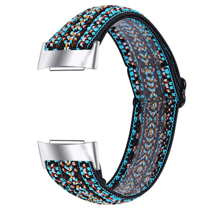 Printed elastic watch strap for Fitbit Charge 6 with adjustable sizing and multiple colour options