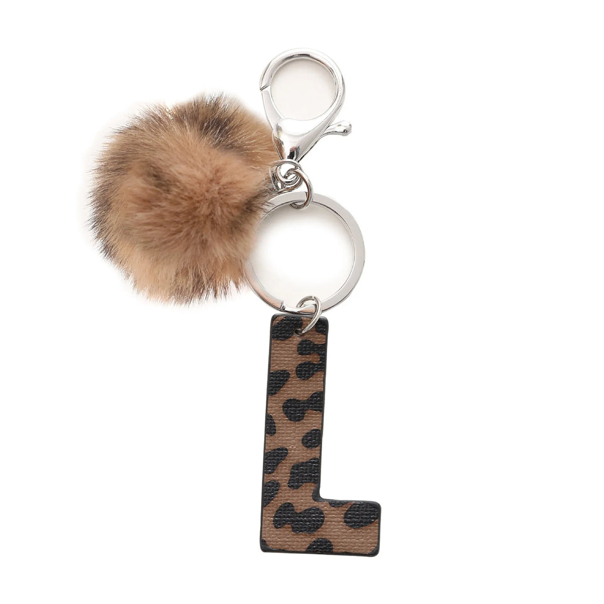 Leopard-print artificial leather keychain with oil-edged acrylic letter and included key ring, retro style