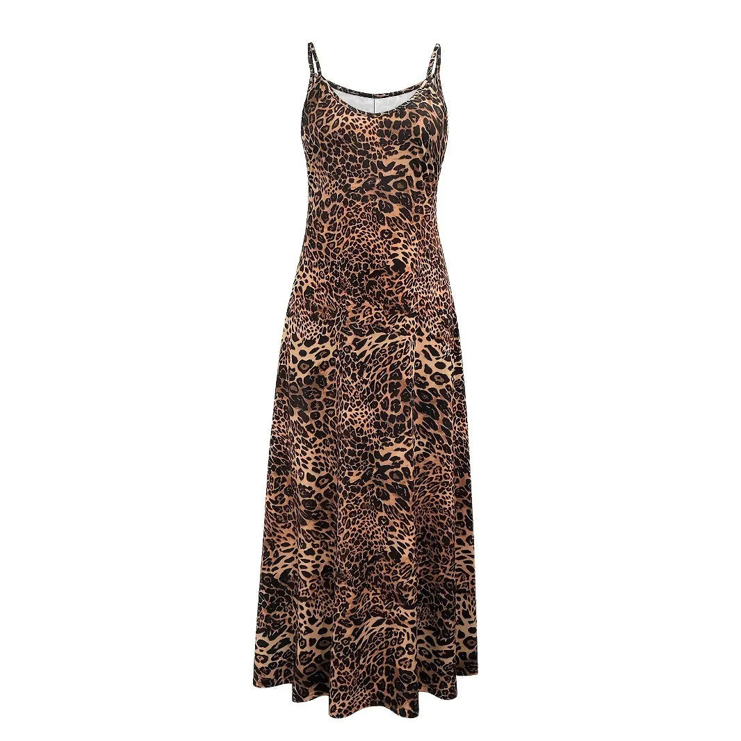 Dark brown leopard print sleeveless dress with sling shoulders and round neck