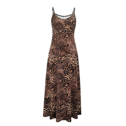 Dark brown leopard print sleeveless dress with sling shoulders and round neck