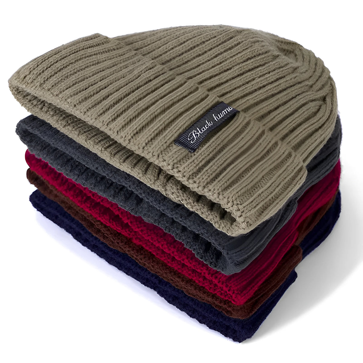 Unisex winter knit letters cap in cotton and coral wool, adult size, shown in black, coffee, dark blue, grey, khaki, and red