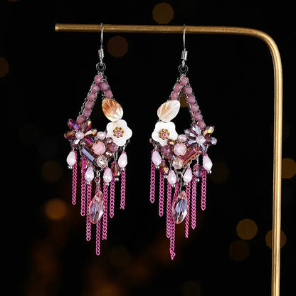 Hand-woven bohemian long earrings with artificial crystal detailing in red and black, champagne, or amethyst colours