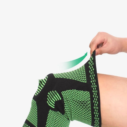 Polyamide silicone spring knee pads in blue, green, orange, and white colours shown in L, M, and XL sizes.