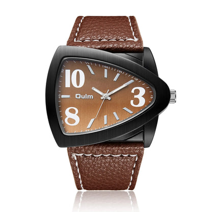 Men's casual triangle belt dial quartz watch with stainless steel bracelet in brown colour.