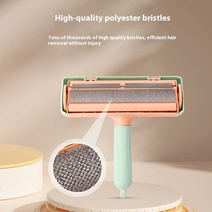 Mint green plastic cat hair removal brush with an ear-style handle on a fabric sofa.
