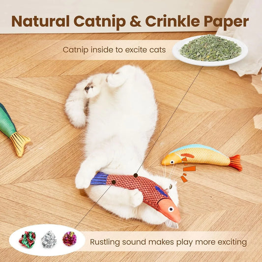 Green saury fish cat toy with crinkle sound and organic catnip, measuring 24x6x4cm