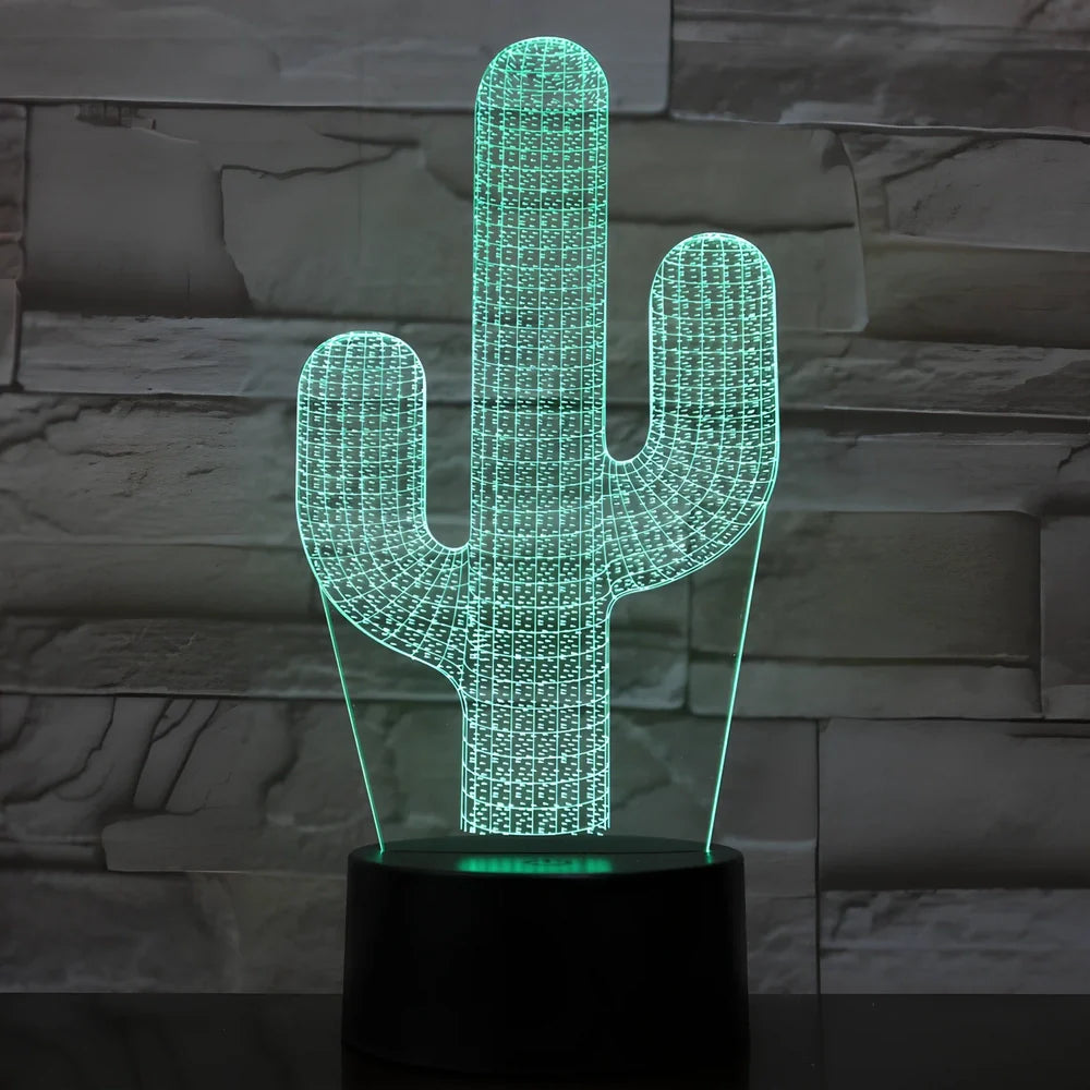 Cactus-shaped LED night light with 3D acrylic design showing colour-changing illumination in compact 200mm size