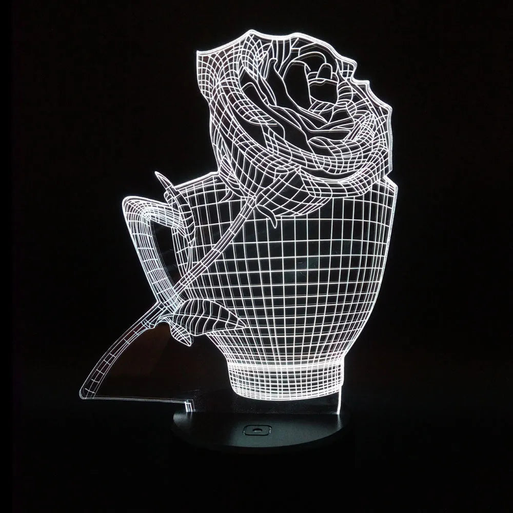 3D rose-shaped night light showing multiple colour options with remote control and USB cable