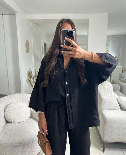 Women's stylish polyester lounge set with wide-leg pants and long-sleeved shirt in various colors