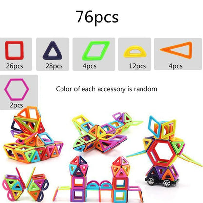 Magnetic building blocks in multiple colours arranged in geometric construction