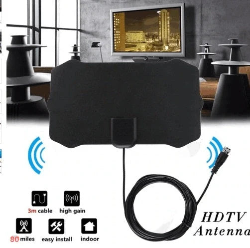 Compact HD digital TV antenna with adhesive back for easy installation and 80-mile range.
