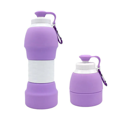 Blue silicone folding water bottle shown both extended and collapsed, next to a backpack.