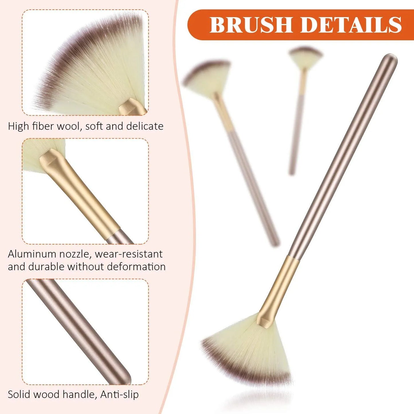 Ten soft fibre facial fan brushes with champagne finish acrylic handles and brush covers.