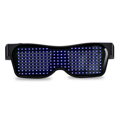 Bluetooth-enabled LED party glasses with dynamic, flashing light effects in multiple vibrant colors