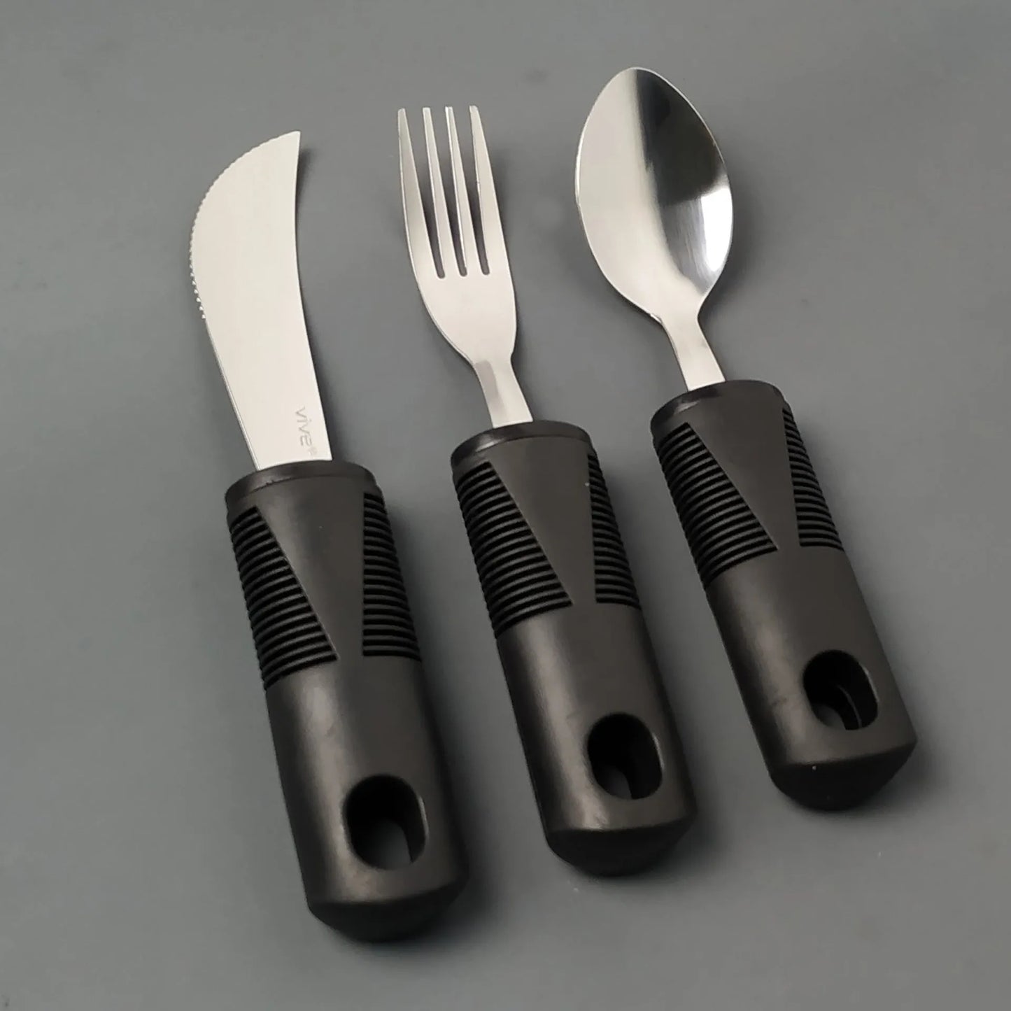 Stainless steel adaptive eating utensils with rubber handles and bendable components for elderly anti-shake support