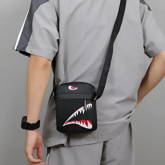 Men's small black crossbody bag with animal pattern printing and oxford cloth construction