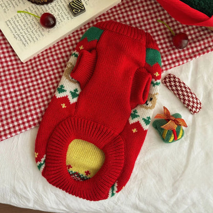 Red Christmas cherry pattern pet sweater for small to medium dogs and cats on mannequin