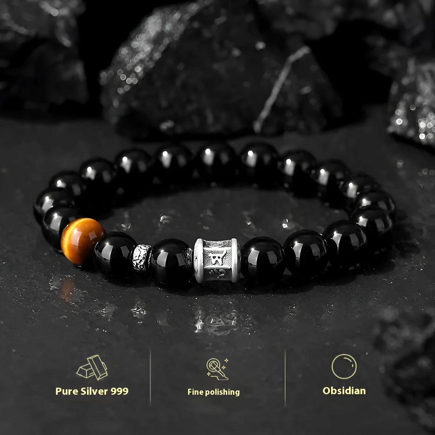 Men's black obsidian prayer wheel bracelet with hand-woven construction and 10mm beads